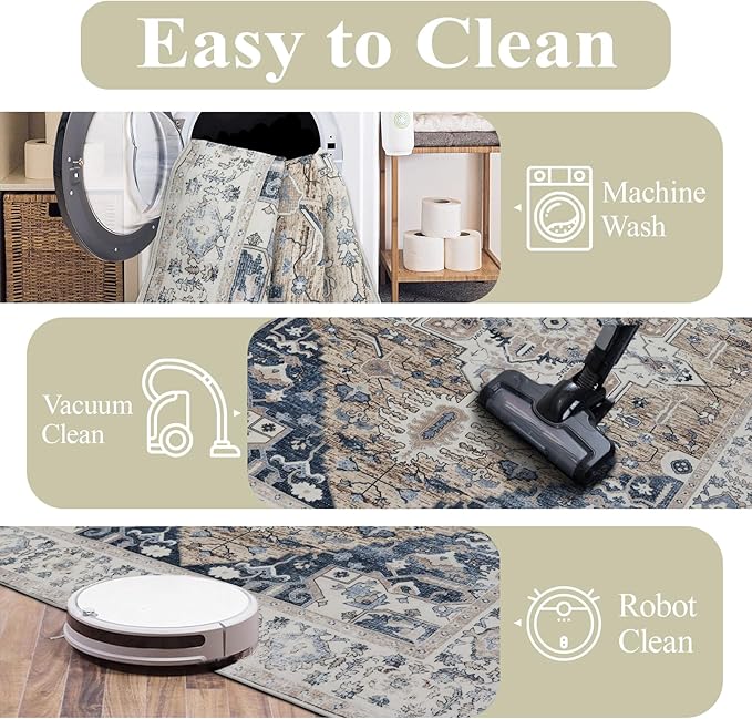 Washable 6x9 Area Rug for Living Room, Carpet for Bedroom Dining Room, Non Slip&Non-Shedding Resistant Low Pile Vintage Print Rug for Home Office (Taupe/Blue)