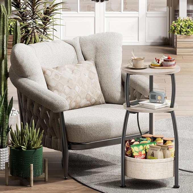 Small Side Table with Charging Station, Round End Table with Basket, USB Port - Image 7