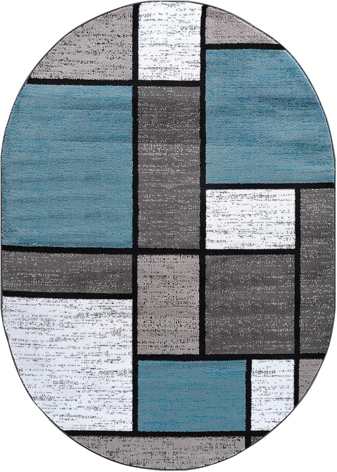 Rugshop Contemporary Modern Boxes for Home Office,Living Room,Bedroom,Kitchen Non Shedding Oval Area Rug 5' x 7' Blue
