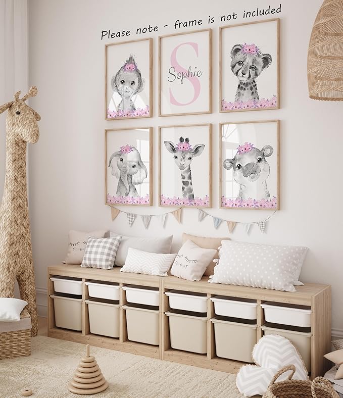 Personalized Safari Animals for Baby Girls Nursery Bedroom Unframed Set of 6 Poster Prints, Personalized Name Pink Purple Flowers Wall Art Decor New Baby Gift Present, Elephant Giraffe Panda Zebra Lion (12x16)
