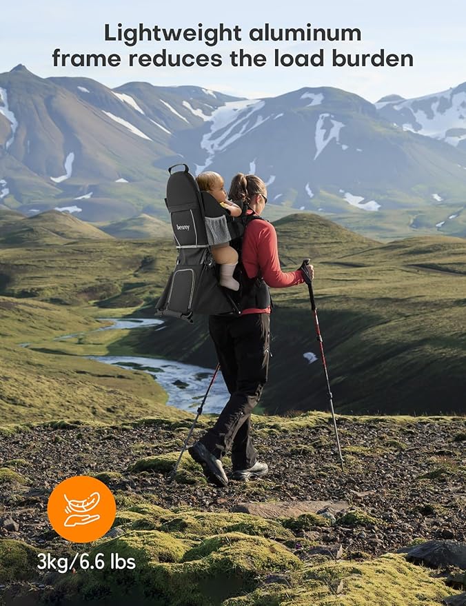 besrey Baby Backpack Carrier, Toddler Hiking Backpack with Safety 3-Height Seat, Adjustable Straps&Waist Belt, Foldable Frame Lightweight Large Capacity Child Carrier for Hiking (Black/Grey)