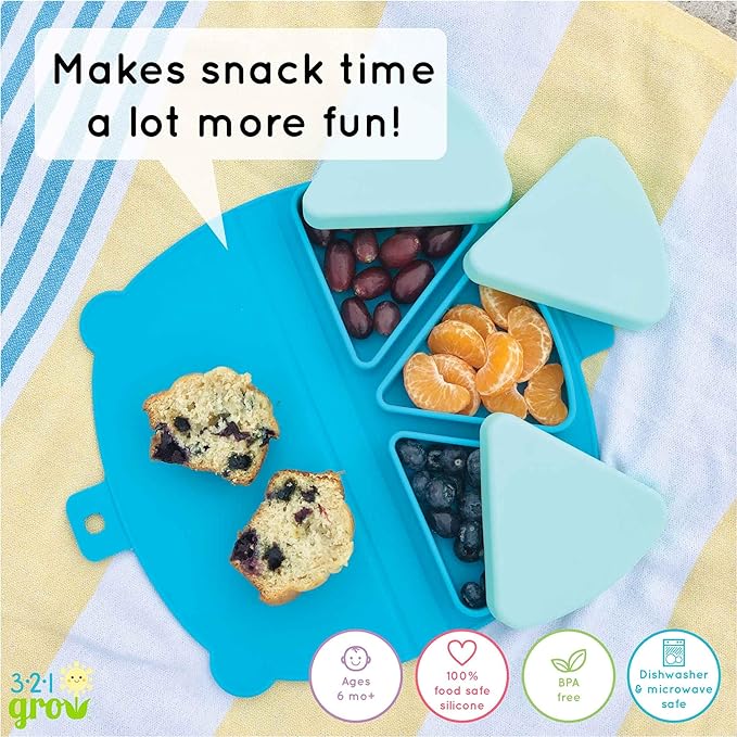 Silicone On-The-Go Snack Mat – Foldable Reusable Placemat with 3 Compartments and Lids – Travel-Friendly Baby and Toddler Snack Plate – Dishwasher Safe (Ocean)