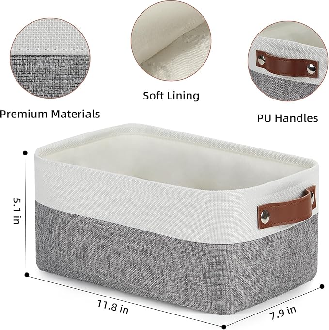 DULLEMELO Storage Baskets for Shelves, Small Fabric Storage Bins with Handles, Decorative Foldable closet storage baskets for organizing shelves(White&Grey, 2 Pack)