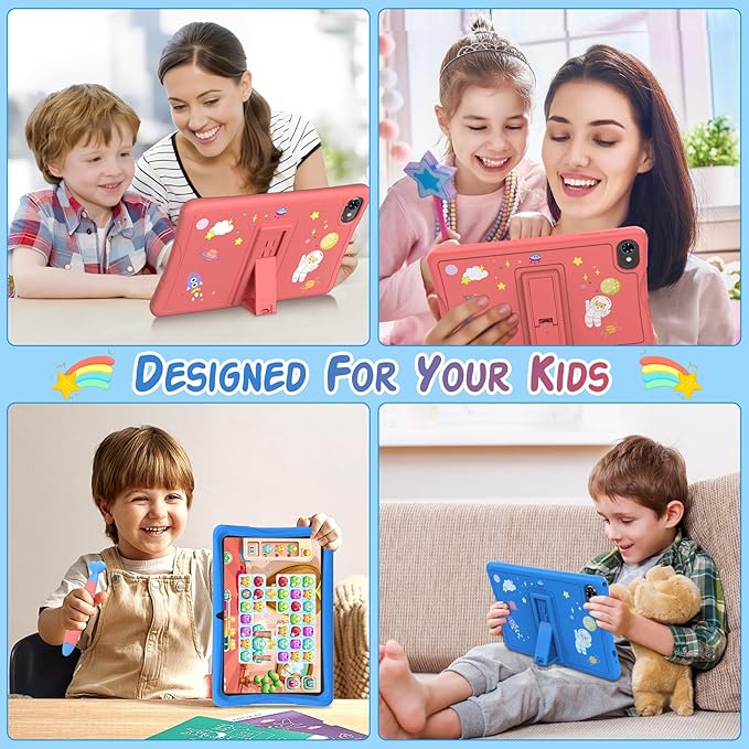 Kids Tablet 10 inch, Android 15 Kids Tablets, Parental Control, Pre-Installed Kiddos Software & Kids Space, Includes Case & Stylus Pen, 12GB RAM 64GB ROM, 2TB Expand, HD IPS Screen(Pink)