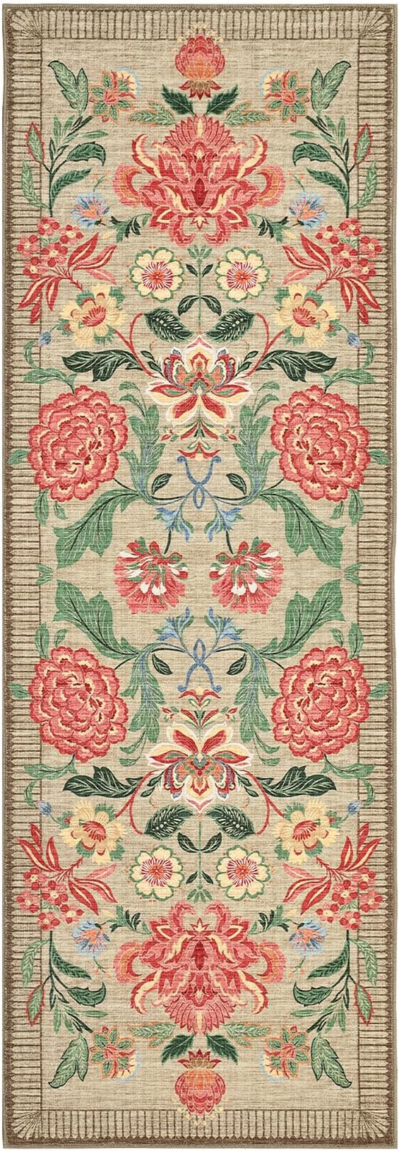 GarveeHome Floral 2x6 Washable Kitchen Runner Rugs Non Slip Camel Taupe Brown Vintage Boho Cottage Long Rug for Hallways Bedroom Entryway Bathroom Mat with Rubber Back