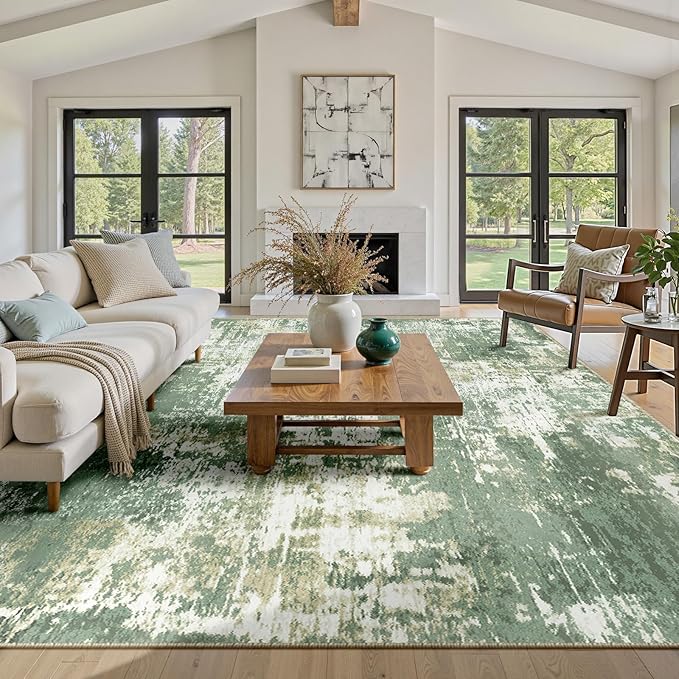 Washable Area Rugs 5'x7' Non-Slip Modern Abstract Soft for Living Room Entryway Bedroom Nursery, Print Pattern, Light Green/Yellow