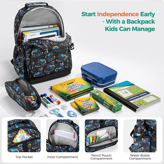 Choco Mocha Gamer Backpack for Boys, Elementary School Backpack for Boys Ages 6-8 Kids Kindergarten Backpack Bookbag 17 Inch with Chest Strap, Black