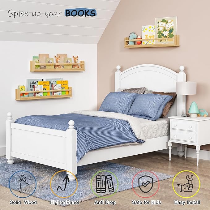 Upgraded Wooden Wall Bookshelf for Kids Books, Large Nursery Floating Shelves for Kids Bedroom, Natural Wood Wall Bookshelves for Teens Toddlers Living Room Decor (36 Inch Long 3-Pack)