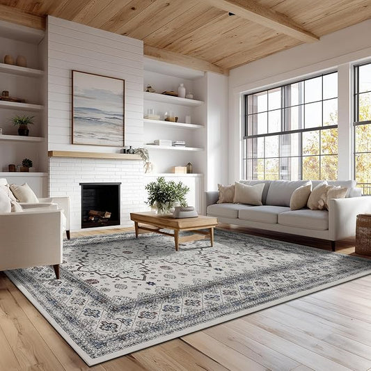 Washable 6x9 Area Rug for Living Room, Carpet for Bedroom Dining Room, Non Slip&Non-Shedding Resistant Low Pile Vintage Print Rug for Home Office (White Cream/Gray)