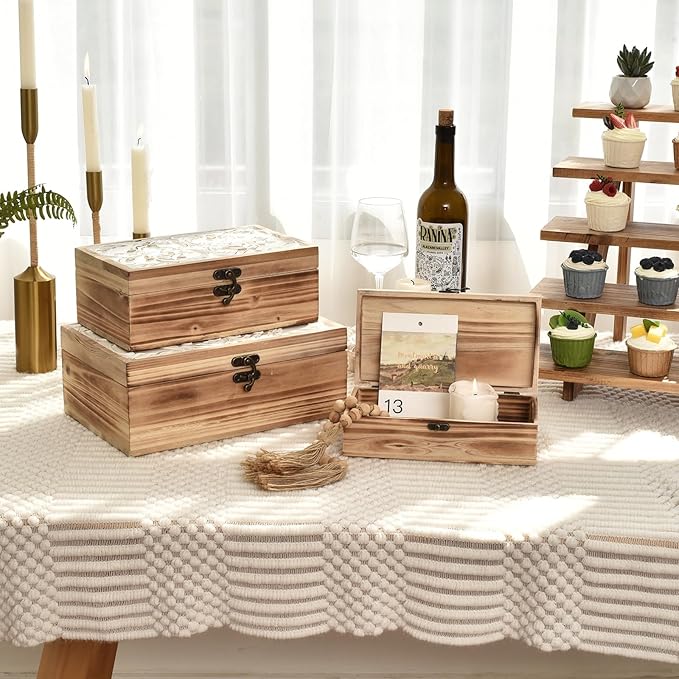 Wooden Box Set of 3 - Rustic Farmhouse Decorative Boxes with Hinged Lid and Carved Design