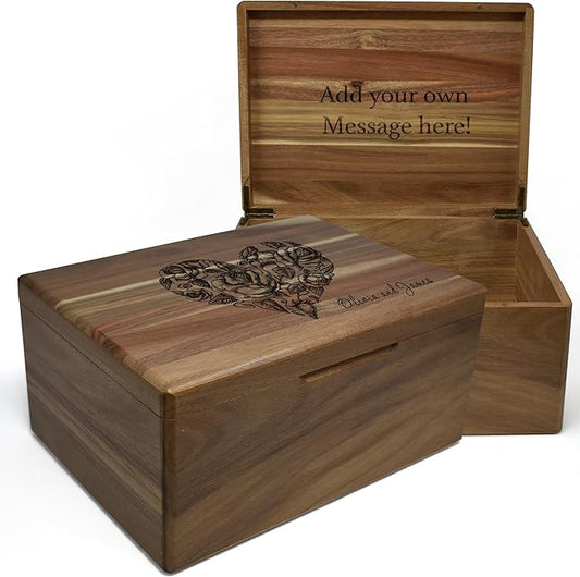 Wooden Box Gift for Couple - Personalized Keepsake Box Engraved Floral Heart, 5th Wedding Gift Couple, Acacia Wood Decorative Chest, Custom Memory Boxes, Surprise Love Message, 11.5 x 8.5 x 5.5 in
