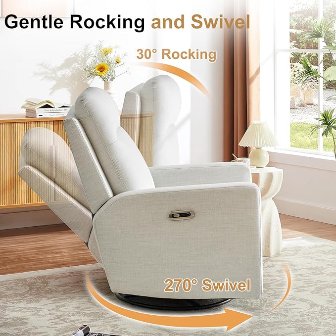 Power Swivel Recliner Chair – Nursery Glider Rocker with USB & Type-C, High Back Reclining Chair for Breastfeeding & Baby Room, Linen Fabric, Beige Grey