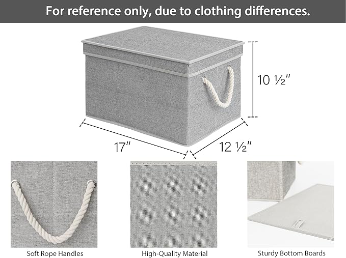 StorageWorks Storage Bins with Lids, Decorative Storage Boxes with Lid and Soft Rope Handles, Foldable Storage Baskets for Closet, Shelves, Stackable, Gray, Jumbo, 3-Pack