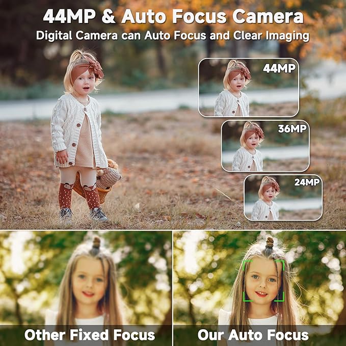 Digital Camera, 44MP 4K Auto Focus Point and Shoot Kids Video Camera with 64GB SD Card 2 Batteries 16X Digital Zoom Compact Portable Small Camera Gifts for Teens Kids Boys Girls(White)