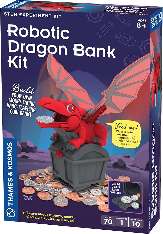 Thames & Kosmos Robotic Dragon Bank Kit | Hands-on STEM Construction Toy, Build a Mechanical Dragon Coin Bank, Explore Electric Circuits & Engineering, Educational Birthday Gift, Boys & Girls Ages 8+