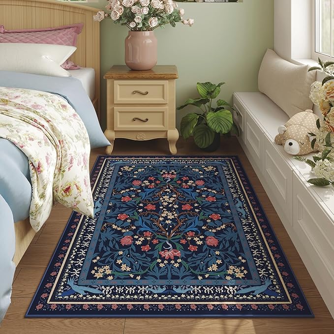 Bedroom Rug 3x5 Rug Washable Area Rug Non Slip Low Pile Vintage Floral Botanical Small Carpet for Bedroom, Bedside, Kitchen, Entryway, Kids Room, Office, Blue
