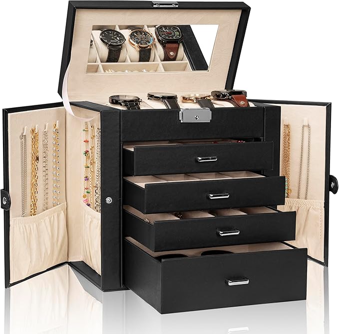 AKOZLIN 5-Tier Jewelry Box Lockable Leather Jewelry Storage Case with 4 Drawers for Women Girls Ring Necklace Earring Bracelet Watches Holder Organizer with Mirror