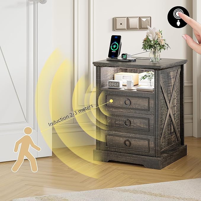 Nightstand Set 2 with Charging Station, Farmhouse End Side Table with 3 Drawers - Image 5
