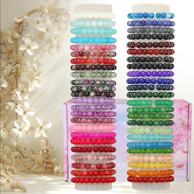 JULIMAIDONG 8mm Glass Beads for Bracelets 2100pcs, 48 Colors Round Crystal Glass Bracelet Making Kit for Jewelry Making Kits Bead DIY Crafts with Spacer Charms Accessories (48Color(Solid+Printing)