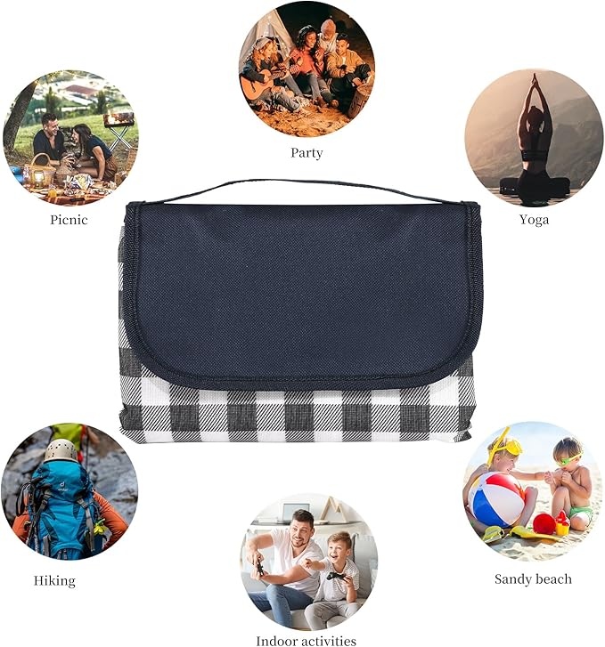 Picnic Blanket Waterproof Beach Rug 80''x80'' Picnic Mat Washable Lightweight with Handle Navy Blue Checkered for Hiking Travelling Outdoor Camping,Parks