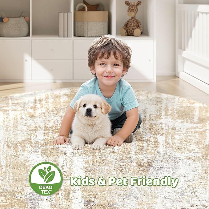 Round Rug Living Room Rugs: 8Ft Washable Circle Large Abstract Modern Soft Stain Resistant Non Slip Indoor Floor Carpet for Bedroom Nursery Office Dining Room Dorm Home House Decor- Gray Gold