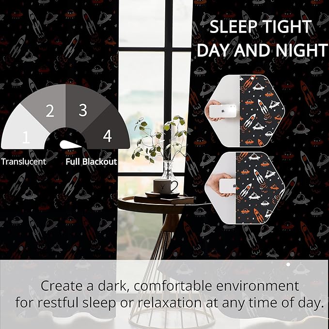 Kids Space UFO and Rocket Blackout Curtains - 100% Blackout, Thermal Insulated, Noise Reducing, Perfect for Kids Room and Nursery, 2 Panels (Starlight Rocket Chase, W52×L63)