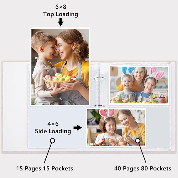 Vienrose Linen 3-Ring Photo Album Holds 190 Photos, 160 4x6 Photos and 30 6x8 Pictures, Picture Album with Multiple Size Pockets, Memory Book for Family Wedding Anniversary Baby, Beige