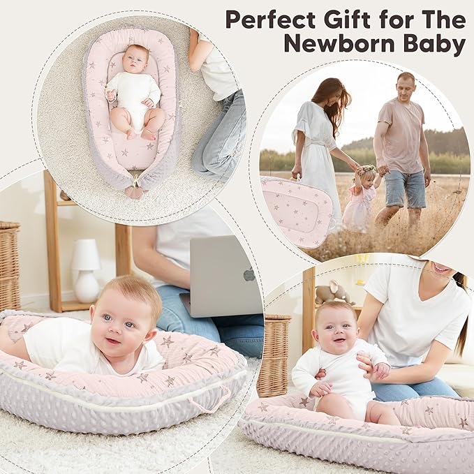 Baby Lounger - Infant Lounger Pillow for Newborn 0-24 Months, Soft, Breathable & Portable Baby Lounger Pillow for Boys & Girls, Cozy Baby Floor Seat for Home & Travel (Pink Star)