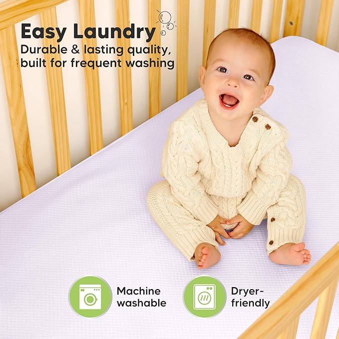Waterproof Crib Mattress Protector Cover Fitted - 2-Pack Quiet Baby Crib Mattress Pad Sheets, 52" x 28" Soft Quilted Cotton Baby Sheet, Machine Washable, Easy Fit, Durable (Lilac/Quin)