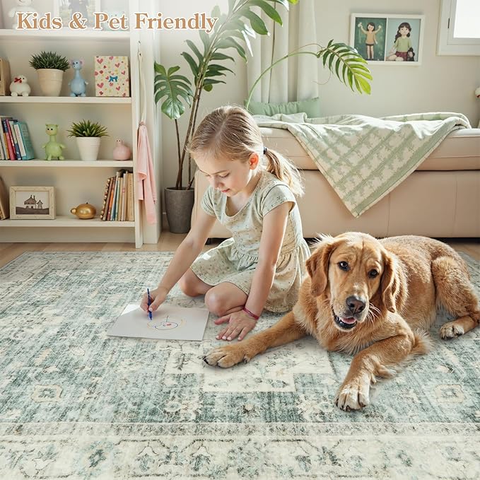 LIVEBOX Washable Area Rug 10x14 Rugs for Living Room Bedroom, Non-Slip Boho Indoor Carpet for Dining Room Office, Low-Pile Farmhouse Soft Carpets for Kids Nursery Playroom, Sage Green