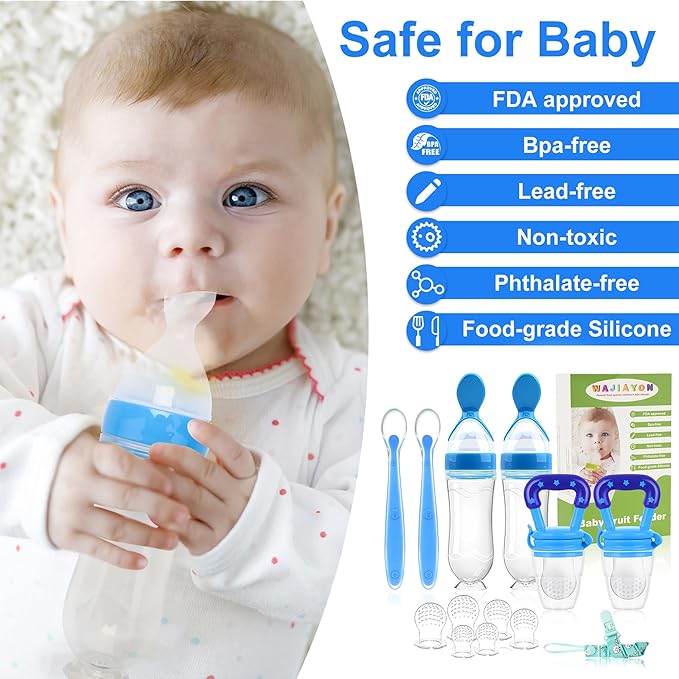 WAJIAYON Baby Fruit Feeder Pacifier - 6 Pack | 2 Infant Food Pacifier & 2 Baby Food Dispensing Spoon | Fresh Fruit Teethers for Babies | Silicone Feeder Babies,Infant Teething Feeders (Blue)