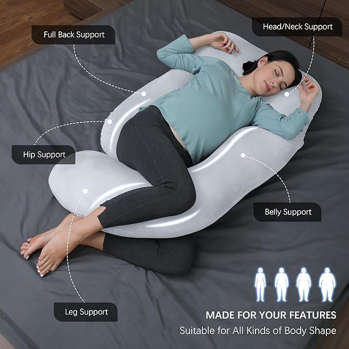 MOON PARK Pregnancy Pillows for Sleeping - U Shaped Full Body Maternity Pillow with Removable Cover - Support for Back, Legs, Belly, HIPS - 57 Inch Pregnancy Pillow for Women - Light Grey