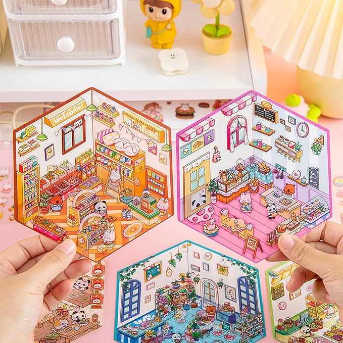 DIY 3D Sticker Scene，10 Sets Pack（600+） Large-Sized, Reusable Sticker Book, Cute Sets for Free Combination, Waterproof for Anywhere, Crafts Party Favors Birthday Gift