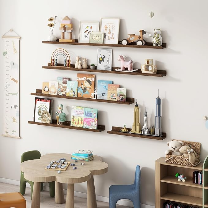 Fun Memories Picture Ledge Shelf, 36 Inch Floating Shelves for Wall, Nursery Bookshelf for Storage, Rustic Elm Wood Photo Ledge Shelves for Bedroom, Living Room, Kitchen (Walnut, 36in Set of 2)