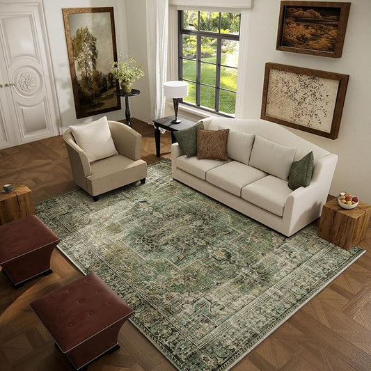 5x7 Area Rugs for Living Room: Washable Bedroom Rug Boho Vintage Rugs Stain Resistant Non Slip Low Pile Soft Lightweight Carpet for Kitchen Dining Room Farmhouse Nursery Kids Room