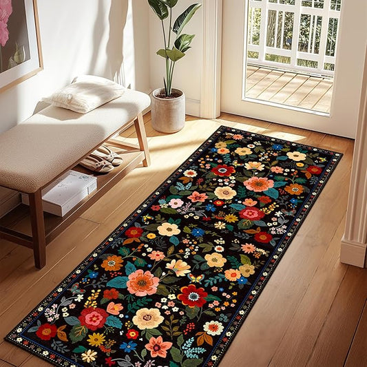 Floral 2x8 Area Rug Machine Washable Soft Print Boho Carpet Non Slip Doormat Low Pile Flower Area Rugs for Living Room Bedroom Nursery Kitchen Dining Room Indoor-Black