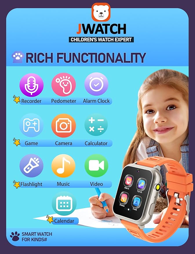 Kids Smart Watch for Boys Girls 6-12 with Pedometer Audio Book Camera Music Player Present Birthday Christmas (Silver Frame Orange)…