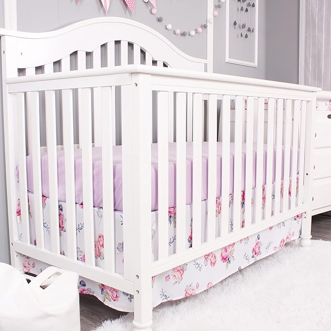 Belsden Floral 3 Piece Crib Bedding Set for Baby Boys Girls, Classic Nursery Bedding Essential Including Comforter, Crib Sheet and Crib Skirt, Ultra Soft Cozy, Floral Purple