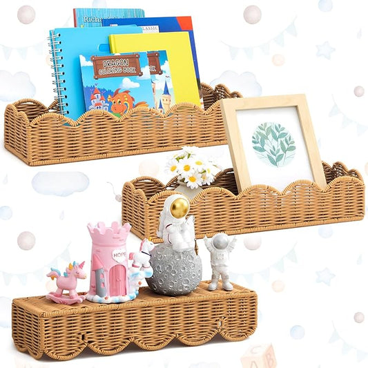 Pinkunn 3 Set Nursery Book Shelves Scalloped Rattan Wall Shelf 15.8 x 3.2 Inch Wall Mounted Plastic Floating Book Shelve, Hanging Boho Wicker Woven Shelf for Nursery Decor and Storage (Natural Wood)