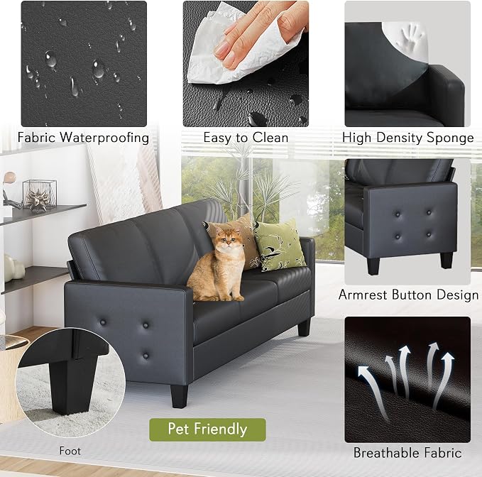 STHOUYN Black Faux Leather 3 Seater Sofa and Accent Chair, Modern Comfy Office - Image 3