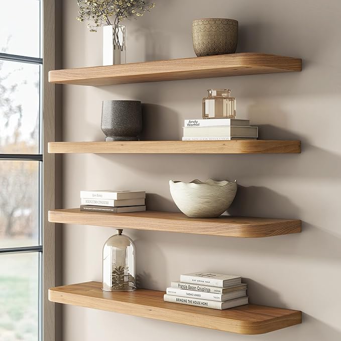Rustic Elm Wood Floating Shelves for Wall, Round Edge 24"W x 9.2"D x 1.37"H, Set of 2 with Invisible Bracket, Wall Mounted Storage Shelves for Living Room Bedroom Kitchen Bathroom Decor, Natural