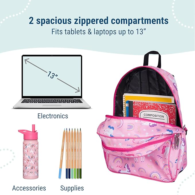 Wildkin 15-inch Kids Backpack – Durable, Padded, Adjustable for School & Travel - Rainbow Unicorns