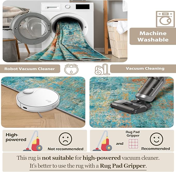 Washable Area Rugs 8'x10' Non-Slip Modern Abstract Soft for Living Room Entryway Bedroom Nursery, Print Pattern, Teal Blue Green Orange Rust Red Colorful