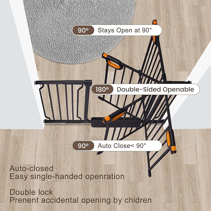 owlie 37.4" Extra Tall Wide Baby Gate for Stairs Doorways,29-52 Inch Extra Large Long Baby Gate with Door Indoor Safety Metal Pressure Mounted Pet Gate with Walk-Thru Auto Close, Black