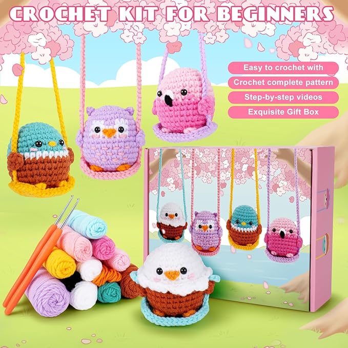 Crochet Kit for Beginners -4 PCS Bird Crochet Kits with Step-by-Step Video Tutorials, Beginner Crochet Kit for Adults and Kids, Crochet Birds On The Swings(Mallard Bald Eagle Flamingo Owl)
