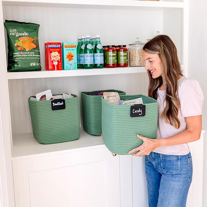 NaturalCozy 13 Inch Cube Storage Bins Cotton Rope Woven Baskets for Organizing 3-Pack | 13 x 13 Storage Cubes | Fabric Square Storage Baskets for Shelves Organizer, Kids Toy Bins, Closet Baby Nursery