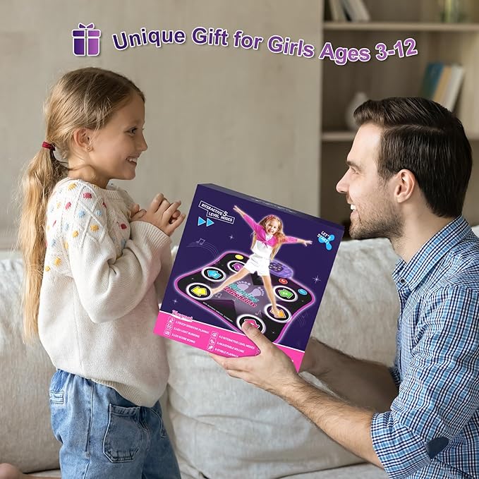 Flooyes Dance Mat Toys for 3-12 Year Old Kids, Electronic Dance Pad with Light-up 6-Button Wireless Bluetooth, Music Dance with 5 Game Modes, Birthday Toys Gifts for 3 4 5 6 7 8 9 10+ Year Old Girls