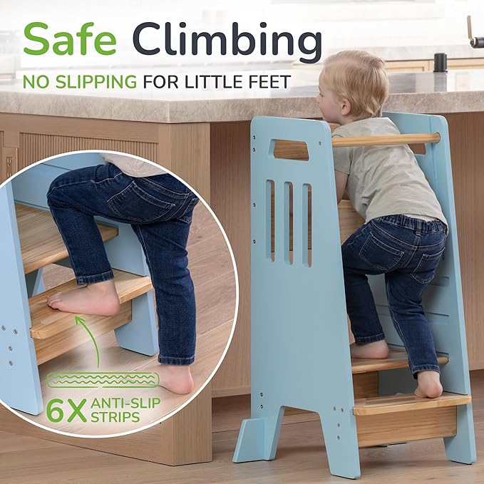 Toddler Tower with a Sliding Door and 3 Adjustable Heights - Complete Toddler Kitchen Stool Helper with Support Feet - Safe Design for 18+ Months to 6-Year-Old Kids - Blue