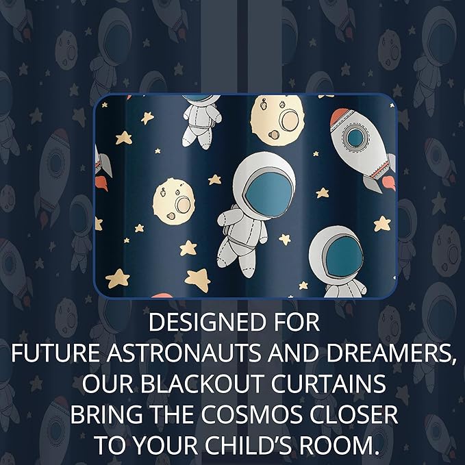 Kids Space Astronaut Planets Rockets Blackout Curtains - 100% Blackout, Thermal Insulated, Noise Reducing, for Kids Room and Nursery, 2 Panels (Astro Buddy Rockets, W52×L84)