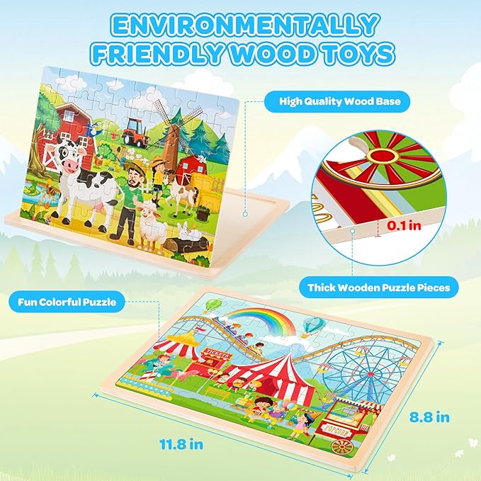 6 Packs Wooden Puzzles for Kids Ages 4-6, 60 Piece Wood Dinosaur Animals Jigsaw Puzzles for Toddlers Ages 3-5, Preschool Educational Learning Toys Gifts for 2 3 4 5 6 7 8 Boys Girls